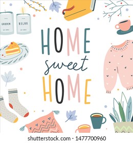 Cute vector illustration of hygge lifestyle elements made as square frame template. Autumn and winter mood. handwritten lettering home sweet home, Scandinavian style poster or banner.