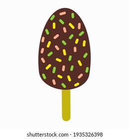 Cute vector illustration of ice cream sundae on a stick in chocolate with sprinkling. Beautiful isolated vector icon in flat style