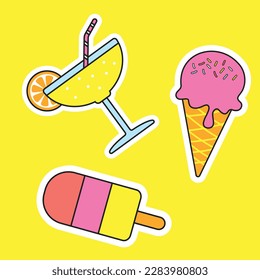 Ilustración vectorial de helados y stickers de coctelería. Ánimo de verano
