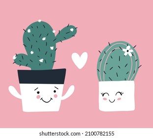Cute vector illustration. Icon of cactuses in love with heart between their. Every element is isolated on pink background. Greeting card to Valentine's day. Design for poster, banner, invitation.