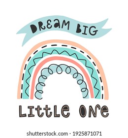 Cute Vektorgrafik. Symbol des kawaiianischen Regenbogens. Handgezeichnete Schrift "Dream big, small one". Jedes Element ist einzeln auf weißem Hintergrund. Drucken Sie für ein Kinderzimmer, Textilien, Plakat.