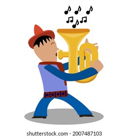 Cartoon tubist. Musician playing a tuba. Clipart, hand-drawn