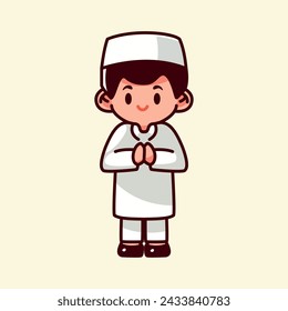Cute vector illustration of islamic muslim boy apologizing for ramadan eid al fitr