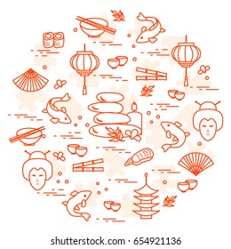 Cute vector illustration with japanese woman face, lantern, bowl, chopsticks, sushi and other arranged in a circle. Design for banner, poster or print.