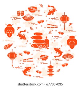 Cute vector illustration with japanese woman face, lantern, bowl, chopsticks, sushi and other arranged in a circle. Design for banner, poster or print.