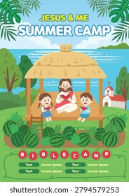 Cute vector illustration of Jesus and children eating watermelon at a traditional Korean summer hut, VBS background