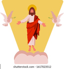 Cute vector illustration of Jesus Christ Resurrection and Ascension to Heaven. Son of God with clouds, sunlight and Holy Spirit doves. For biblical Easter decorations and family with children