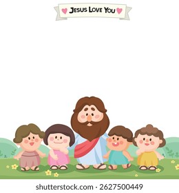 Cute vector illustration of Jesus surrounded by happy children in a grassy field with a blank space above for text or message. Sunday school, Christian education, greeting cards, and kids' ministry.