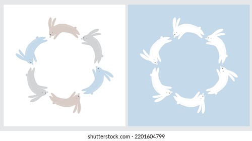 Cute Vector Illustration with Jumping Bunnies. Round Frame with Funny Rabbits  on a White and Pastel Blue Background. Easter and Chinese Year Print. Woodland Party Art ideal for Card, Poster. No text.