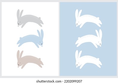 Cute Vector Illustration with Jumping Bunnies. Funny Rabbits Isolated on a White and Pastel Blue Background. Easter and Chinese Year Print.Woodland Party Art ideal for Card, Poster. Winter Bunny.