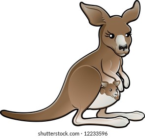 A cute vector illustration of a kangaroo with a joey in its pouch