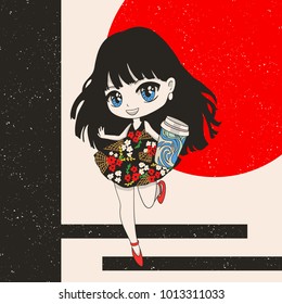 Cute vector illustration. Kawaii Anime girl. Big eyes. Use for postcards, print on clothes or other things. anner decorations.Japanese style