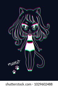 Cute vector illustration. Kawaii Anime girl cat. Big eyes. Use for postcards, print on clothes or decorations for animal shelter.