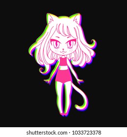 Cute vector illustration. Kawaii Anime girl cat. Big eyes. Use for postcards, print on clothes or decorations for animal shelter.