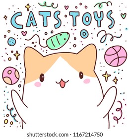 Cute Vector Illustration. Kawaii Anime Cat And Accessories.