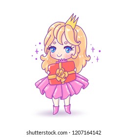 Cute vector illustration. Kawaii Anime girl. Big eyes.Use for postcards, print on clothes or other things. Happy birthday greeting card. Gift and bow
