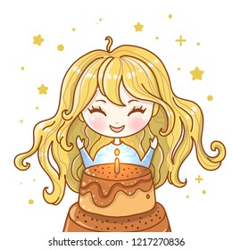 Cute vector illustration. Kawaii Anime girl. Big eyes.Use for postcards, print on clothes or other things. Happy birthday greeting card. Cake with candles. Make a wish
