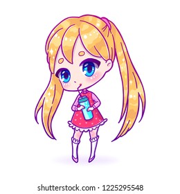 Cute vector illustration. Kawaii Anime girl. Use for postcards, print on clothes, juice or other things. Drink coffee or juice from a tall Mug.