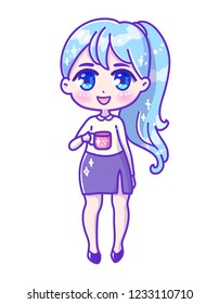 Cute vector illustration. Kawaii Anime girl blue hair. Big eyes.Use for postcards, print on clothes Business woman, working people. Web sites and articles. Drink coffee