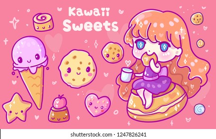 Cute vector illustration. Kawaii Anime girl. Big eyes.Use for postcards, print on clothes. Web sites, Candy or coffee shop
