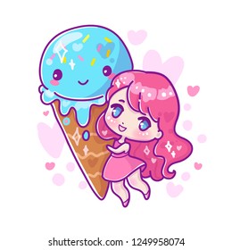 Cute vector illustration. Kawaii Anime girl. Big eyes.Use for postcards, print on clothes. Web sites, Candy or coffee shop with ice cream