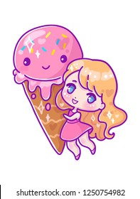 Cute vector illustration. Kawaii Anime girl. Big eyes.Use for postcards, print on clothes. Web sites, Candy or coffee shop with ice cream