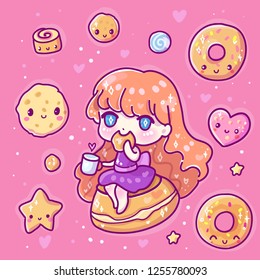 Cute vector illustration. Kawaii Anime girl. Big eyes.Use for postcards, print on clothes. Web sites, Candy or coffee shop