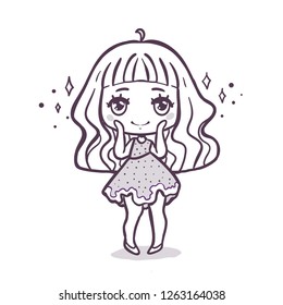 Cute vector illustration. Kawaii Anime girl. Big eyes. Use for postcards, print on clothes or other things.