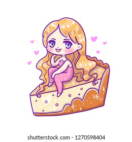 Cute vector illustration. Kawaii Anime girl. Big eyes.Use for postcards, print on clothes. Web sites, Candy or coffee shop with cake