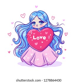 Cute vector illustration. Kawaii Anime girl. Big eyes. Use for postcards, print on clothes or other things. Happy valentine s day
