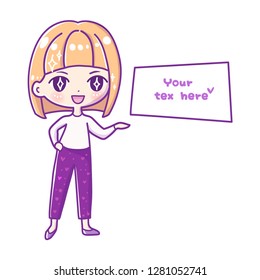 Cute vector illustration. Kawaii Anime girl. Big eyes.Use for postcards, print on clothes Business woman, working people. Web sites and articles