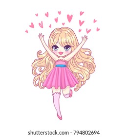 Cute vector illustration. Kawaii Anime girl. Big eyes. Use for postcards, print on clothes or other things. Happy Valentine's Day