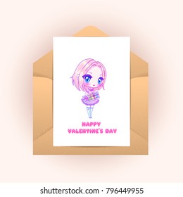 Cute vector illustration. Kawaii Anime girl. Big eyes. Use for postcards, print on clothes or other things. anner decorations. Happy valentine s day