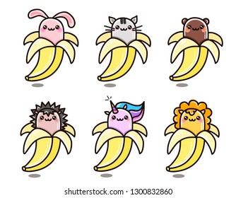 Cute vector illustration. Kawaii bananas. Funny rabbit, cat, bear, hedgehog, unicorn and lion.