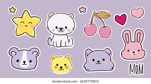 Cute vector illustration in kawaii cartoon style: smiling stars, animal faces, cherries, hearts, "MOM" text, all outlined in white. Soft pastel colors: purple, pink, yellow dominate the palette.