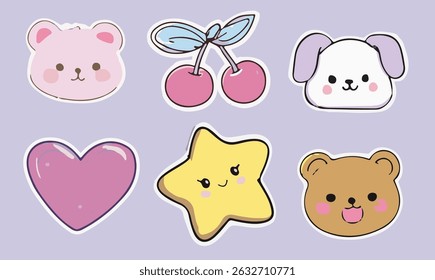 Cute vector illustration in kawaii cartoon style: smiling stars, animal faces, cherries, hearts, all outlined in white. Soft pastel colors: purple, pink, yellow dominate the palette.