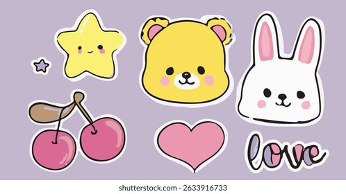 Cute vector illustration in kawaii cartoon style: a smiling star, animal faces, cherries, a heart shape, all outlined in white. Soft pastel colors: purple, pink, yellow dominate the palette.