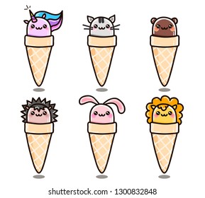 Cute vector illustration. Kawaii ice cream. Funny rabbit, cat, bear, hedgehog, unicorn and lion.