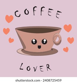 Cute vector illustration in kawaii style. Cute cup with coffee. Inscription: "coffee lover." Hearts around the cup. Kawaii, coffee, drink, coffee lover, energy, hot drink.