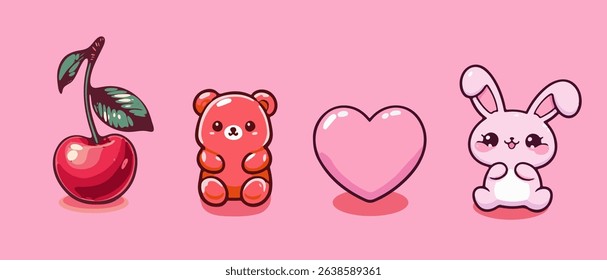 Cute vector illustration in kawaii style, featuring a cherry, gummy bear, heart, and bunny. Uses soft pink, red, and pastel colors, reflecting popular playful and adorable character trend.