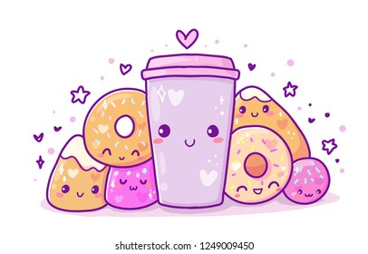 Cute Vector Illustration. Kawaii Sweets. Use For Postcards, Print On Clothes. Web Sites, Candy Or Coffee Shop