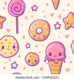 Cute vector illustration. Kawaii sweets. Use for postcards, print on clothes. Web sites, Candy or coffee shop