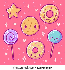 Cute vector illustration. Kawaii sweets. Use for postcards, print on clothes. Web sites, Candy or coffee shop