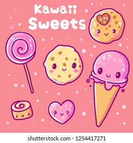 Cute vector illustration. Kawaii sweets. Use for postcards, print on clothes. Web sites, Candy or coffee shop