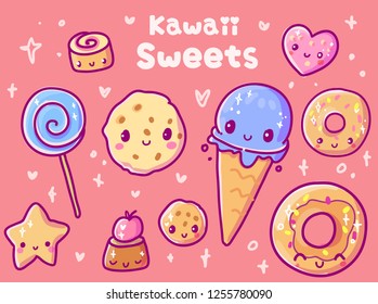 Cute vector illustration. Kawaii sweets. Use for postcards, print on clothes. Web sites, Candy or coffee shop