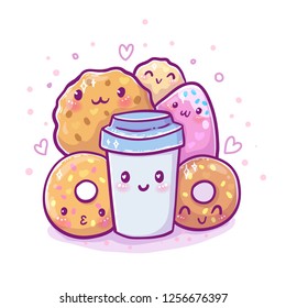 Cute Vector Illustration. Kawaii Sweets. Use For Postcards, Print On Clothes. Web Sites, Candy Or Coffee Shop