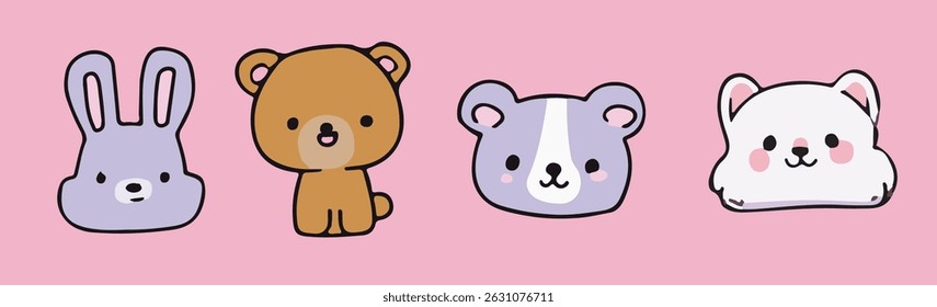 Cute vector illustration of kawaii-style animal faces (bunny, bear, puppy, cat) with pastel colors and bold outlines. This playful, cartoonish, and kawaii aesthetic is trending in modern digital art.