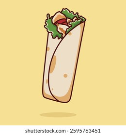 Cute vector illustration of kebab wrap, isolated on yellow background.