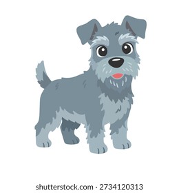 Cute vector illustration of a Kerry Blue Terrier dog standing and facing forward. The dog is drawn in a friendly cartoon style with a compact body, soft curly blue-gray fur, expressive eyes, and a playful expression. This illustration represents terrier dog breeds, pet animals, working dogs, and domestic pets. Isolated on a white background, suitable for pet care content, dog breed education, branding, children designs, and animal-related projects.