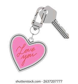 Cute vector illustration with a key and a metal heart-shaped keychain engraved with the sweet message “Love You”. Perfect for Valentine's Day, anniversaries, wedding, logo design , greeting cards.